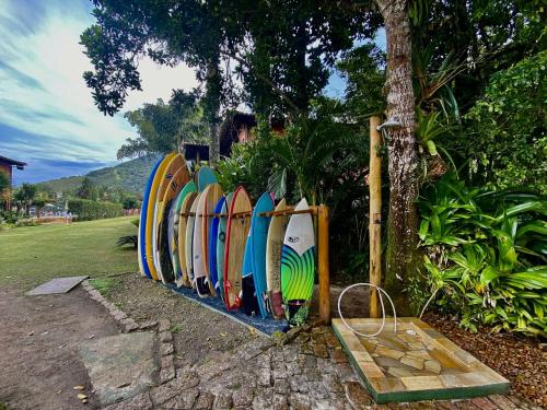 a row of surfboards lined up against a tree at Maresias, Chalé H29 em condomínio de frente a Entrada 18 da praia e dentro da Mata Atlântica in São Sebastião