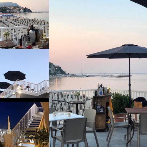 a collage of photos with a table and an umbrella at Maison Del Conero - Ombrellone e Lettini in Spiaggia Inclusi in Numana