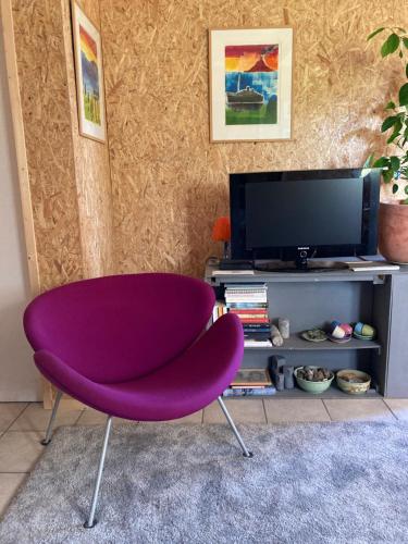 a purple chair in a living room with a tv at Vakantiehuisje De Waddenuil in Usquert