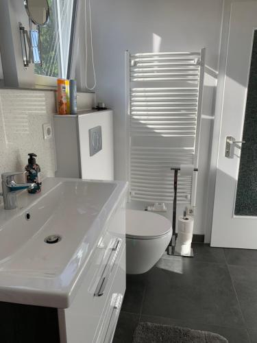 Ett badrum på Ferienwohnung Sunny - Moderne Ferienwohnung im Grünen in Saarbrücken-West