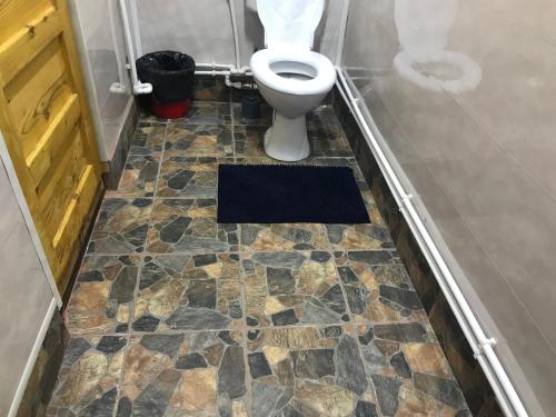 a bathroom with a toilet and a tile floor at Căsuțele Doftanei in Teşila
