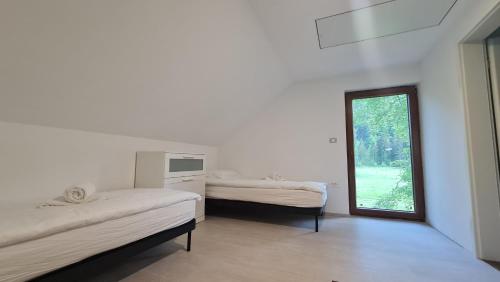 Dieses weiße Zimmer verfügt über 2 Betten und ein Fenster. in der Unterkunft Radovna Mountain Valley Cottage in Zgornje Gorje