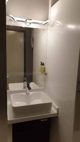 La salle de bains est pourvue d'un lavabo blanc et d'un miroir. dans l'établissement SCI jsm, à Gresse-en-Vercors