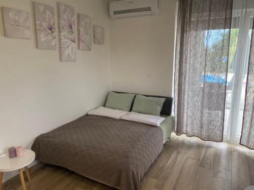 a bedroom with a bed in a room with a window at Enjoy Green, APP with swimming pool, garden, pets welcome in Novigrad Istria