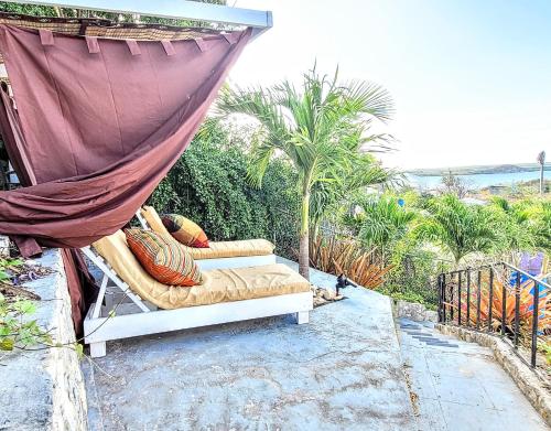 a hammock sitting on a patio with palm trees at Ellen Bay Inn in Saint Philips