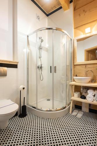a bathroom with a shower and a toilet and a sink at Willa Rajka in Zakopane