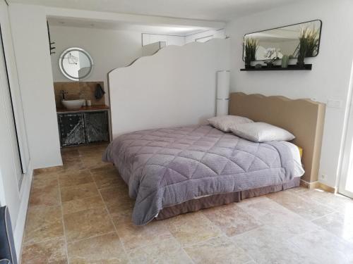 um quarto com uma cama e um espelho na parede em Appartement au calme et belle terrasse em Peyroules
