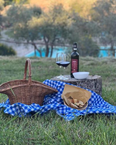 a picnic table with a bottle of wine and a basket at LOCANDA PODERE LE VIGNE in Radda in Chianti