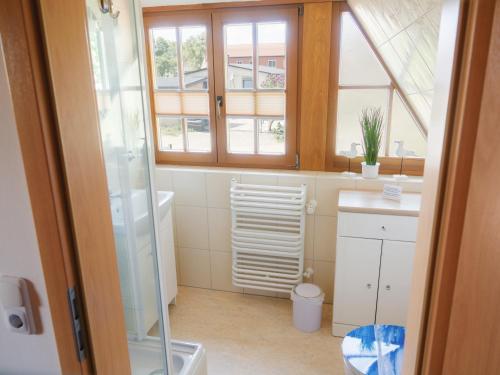 a bathroom with a shower and a toilet at Ferienwohnung Rohlffs Stolpe auf Usedom in Stolpe auf Usedom