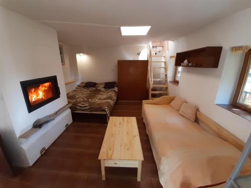 sala de estar con sofá y chimenea en Holiday home Zajícovi en Rabyně