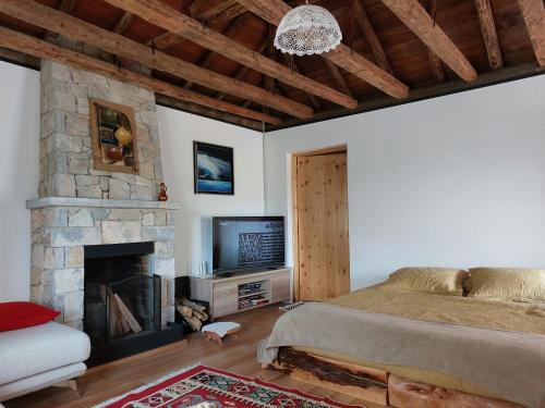 a bedroom with a fireplace and a bed and a television at VILA RIRA - Rrajcë, Shebenik in Përrenjas