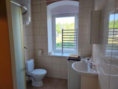 baño con aseo y lavabo y ventana en Apartament „Sowa” jezioro 250m, góry, en Bielawa