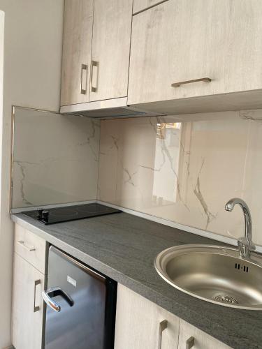 una cocina con fregadero y encimera en Sunny guest house, en Vlorë