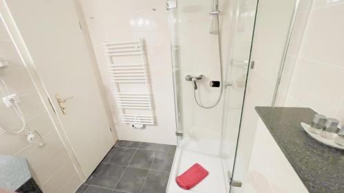a bathroom with a shower and a red towel at Hotel Schnehagen in Bad Fallingbostel