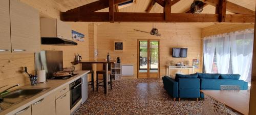 Il comprend une cuisine et un salon doté d'un canapé bleu. dans l'établissement Belle Océane, à Lège