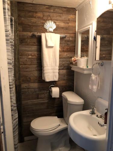 a bathroom with a white toilet and a sink at Seafarer Inn and Cottages in Old Orchard Beach