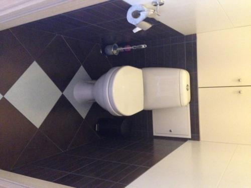 a bathroom with a toilet paper dispenser on the wall at Family Apartment Nida in Nida