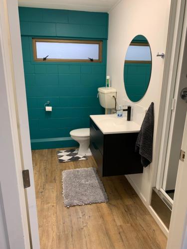 a bathroom with a toilet and a sink and a mirror at Suburban Studio in Hamilton