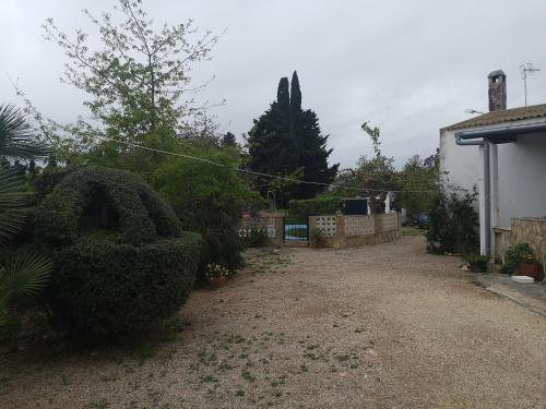 un cortile con un cespuglio di fronte a una casa di Casa Rural Masia d'en Gall a L'Aldea