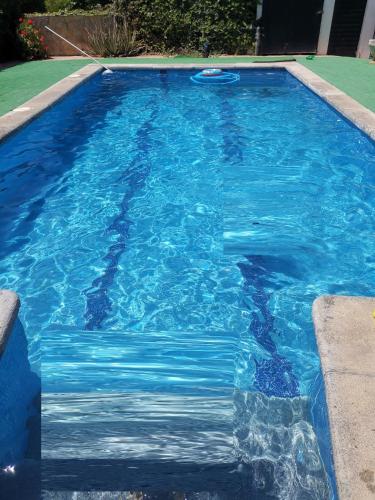 a blue swimming pool with a frisbee in it at Casa Rural Masia d'en Gall in L'Aldea