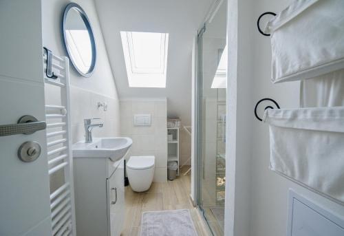 雷德尼斯的住宿－APARTMÁNY LEDNiCE，一间带水槽和卫生间的浴室以及窗户。