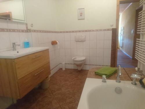 a bathroom with a sink and a tub and a toilet at Ferienwohnung Späth in Ramsthal