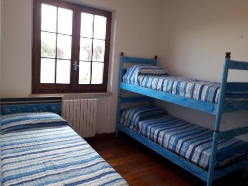 2 blaue Etagenbetten in einem Zimmer mit Fenster in der Unterkunft Villino Sabina in Civitella del Tronto