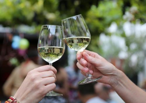 two people holding up glasses of white wine at eckbergerhof in Gamlitz