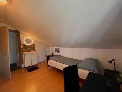 uma sala de estar com uma cama e uma mesa em Budgetapartment Rheinfall von Swisspartments em Arbon