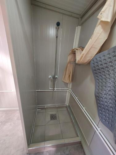 a walk in shower with a glass door in a room at Vikendica in Erdevik