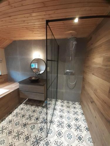 a bathroom with a shower with a glass door at "Petite perle en Haute Ardenne" avec vue sur la vallée, cabine infra-rouge et bain balnéo in Lierneux