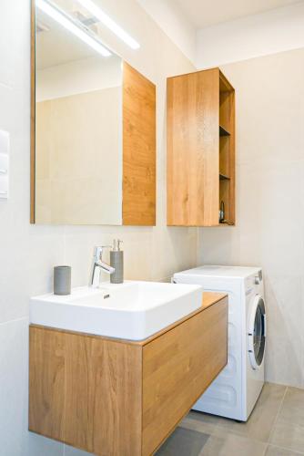 a bathroom with a sink and a washing machine at Nadland Apartments B61 in Vienna