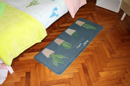 a skateboard sitting on the floor next to a bed at Green Cactus Rooms - unique and cozy house in Senta