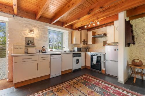 a kitchen with white appliances and a wooden ceiling at The Nogg Cottages in Solva