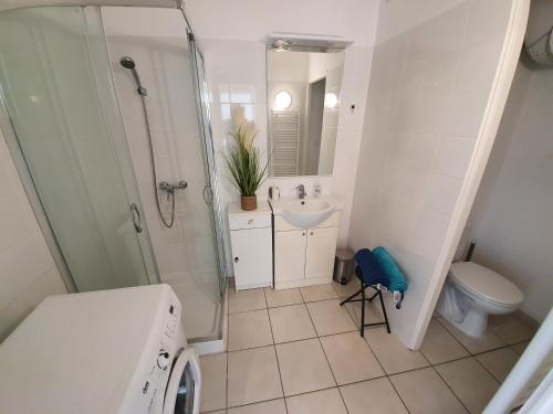 a bathroom with a shower and a sink and a toilet at Le Cézanne - Climatisé avec grande terrasse in Gréoux-les-Bains