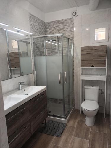 une salle de bain avec une douche, un lavabo et des toilettes dans l'établissement AZUREO - Terrasse du golfe, à Morsiglia