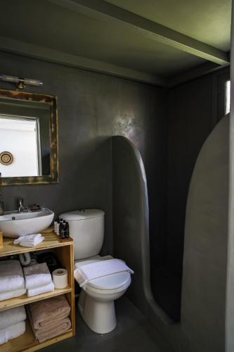 a bathroom with a sink and a toilet and a mirror at Exi Sea Side Suites in Perissa