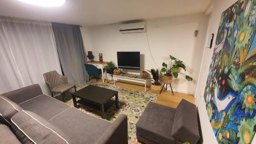 a living room with a couch and a tv at צדפת המדבר in Giv'ot Bar