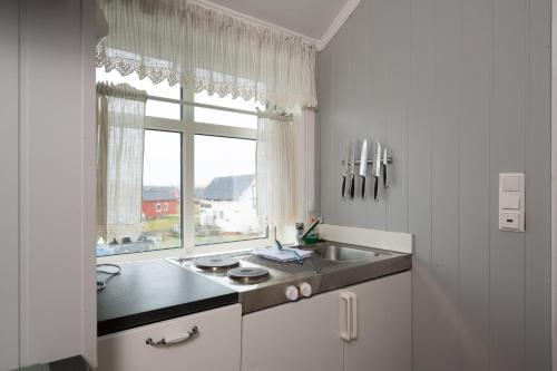 a kitchen with a sink and a window at West-End Apartment in Andenes