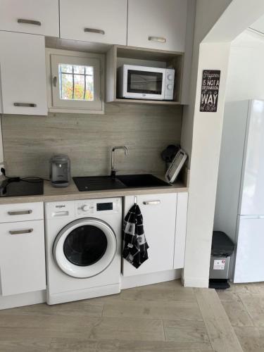une cuisine avec un lave-linge et un micro-ondes dans l'établissement Charmante maison, à Vallauris