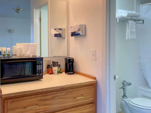 kuchenka mikrofalowa na ladzie w łazience w obiekcie Rodeway Inn & Suites Omak - Okanogan w mieście Omak