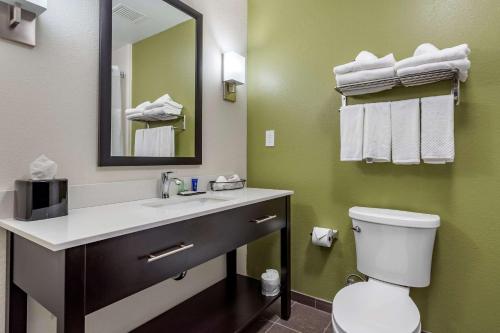 uma casa de banho com um WC e um lavatório com um espelho. em Sleep Inn & Suites em Crosby