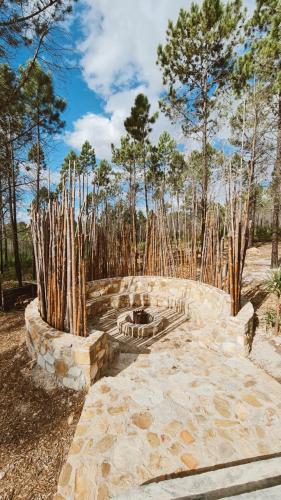a garden with a fire pit and bamboo trees at Krakeelpoort Herberg in Botrivier