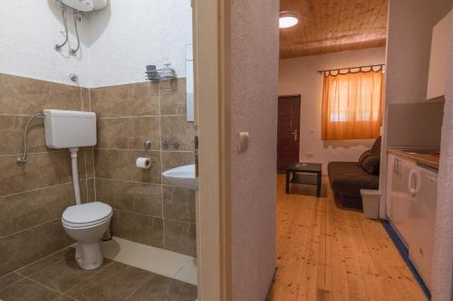 La salle de bains est pourvue de toilettes et d'un lavabo. dans l'établissement Apartmani LUKA Perućac, à Perućac