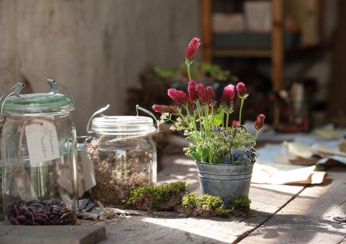 two mason jars with flowers in them on a table at FELDGANG ein Gästehaus! in Upahl