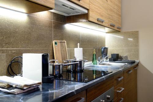 uma cozinha com um lavatório e uma bancada em Macropolis Apartments em Miskolc