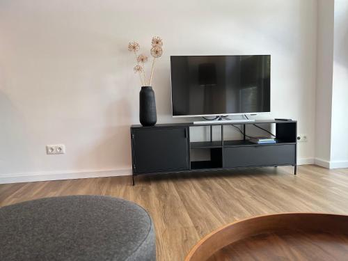 a black entertainment center with a flat screen tv on it at Apartmenthaus Stade Schwingewiesen Apartment 2 in Stade