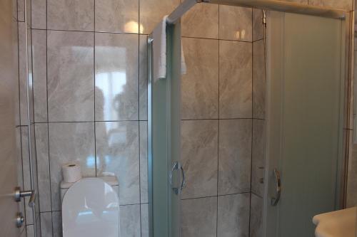 a bathroom with a shower with a toilet and a shower door at Silver Continent Hostel in Silivri