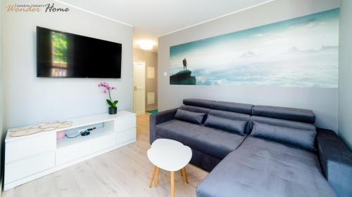 a living room with a couch and a tv at Wonder Home - Apartamenty położone blisko deptaka, licznych restauracji i sklepów in Karpacz