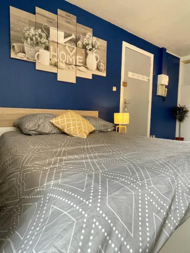 a bedroom with a bed and a blue wall at Appartement entier Moissac centre 30 m2 calme avec cour intérieure pour vélos à 50m du marché de Moissac in Moissac